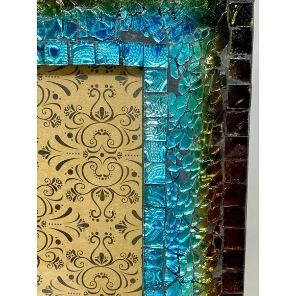 Pier 1 Imports Turquoise Mosaic Iridescent Glass Picture Frame For 5x7 Photo - Picture 2 of 16
